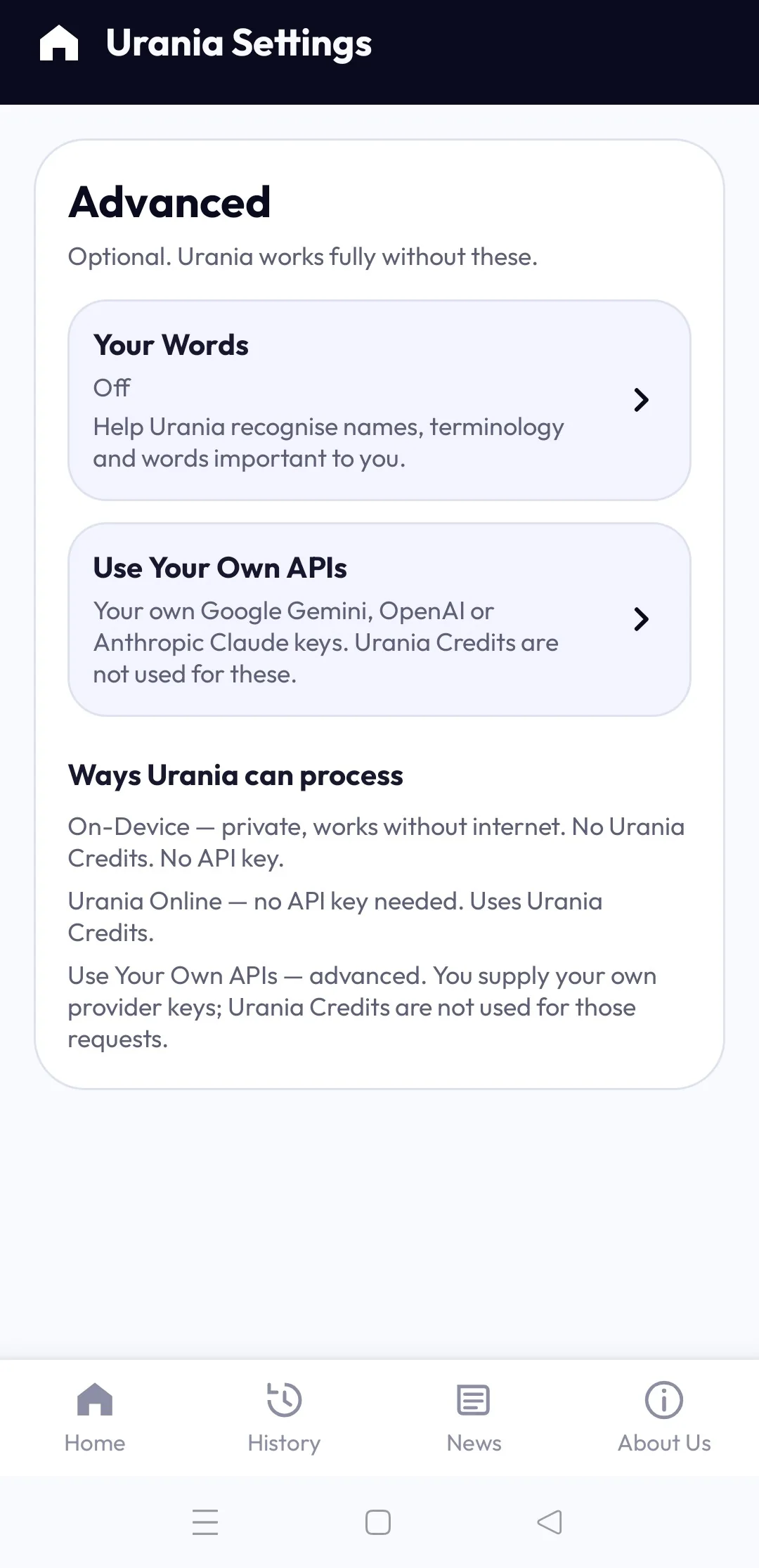 Advanced settings explaining On-Device AI, Urania Online and Use Your Own APIs