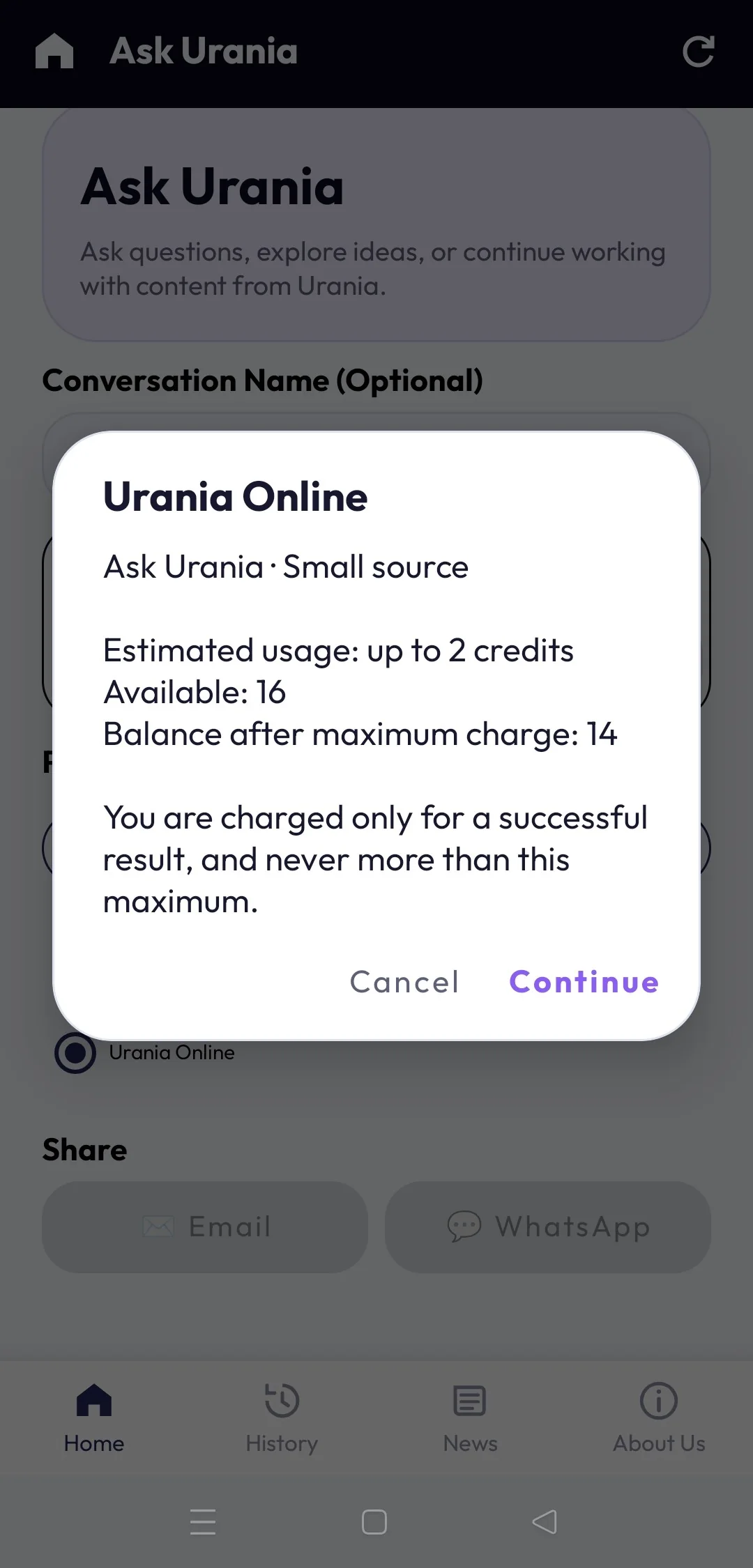 Urania Online maximum-charge approval dialog for an Ask Urania request