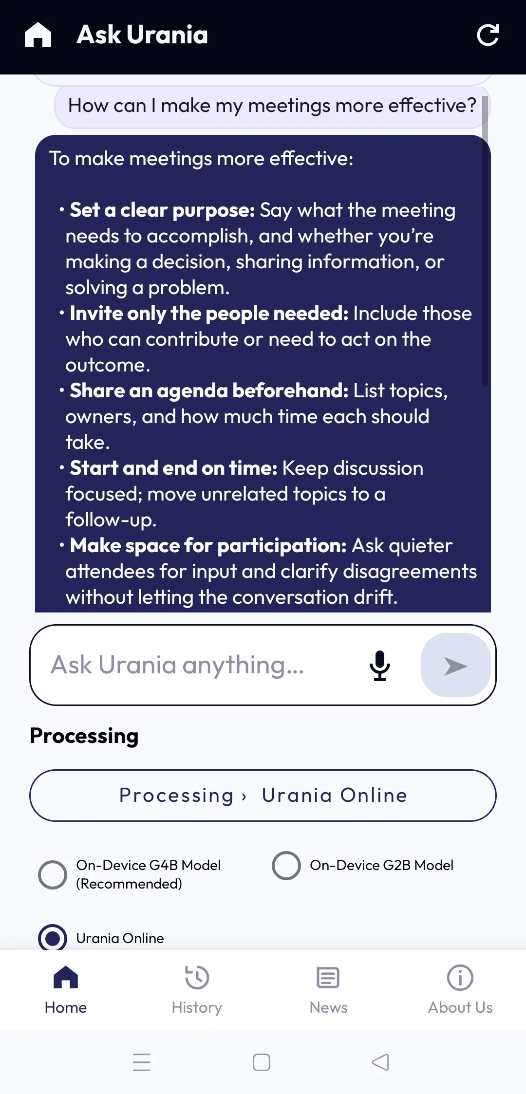 Ask Urania answer with processing options visible