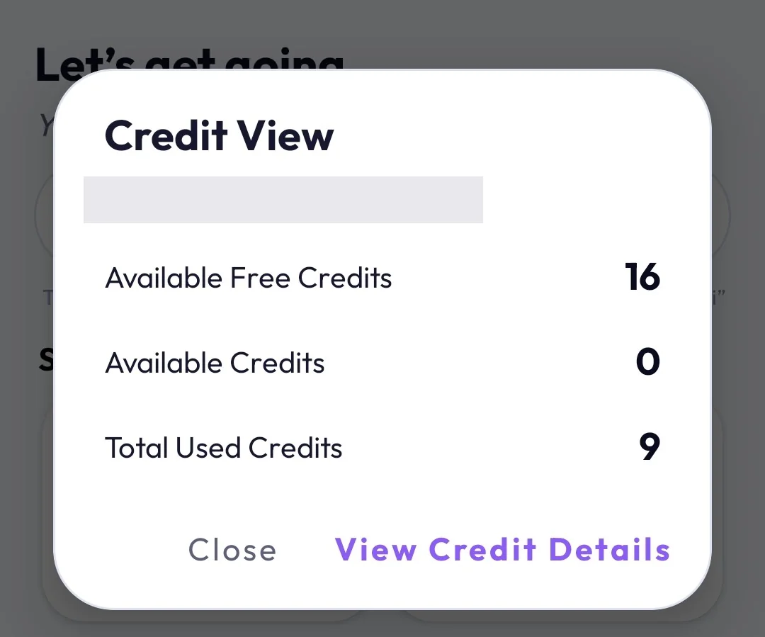 Credit View dialog with the email redacted and example credit balances visible