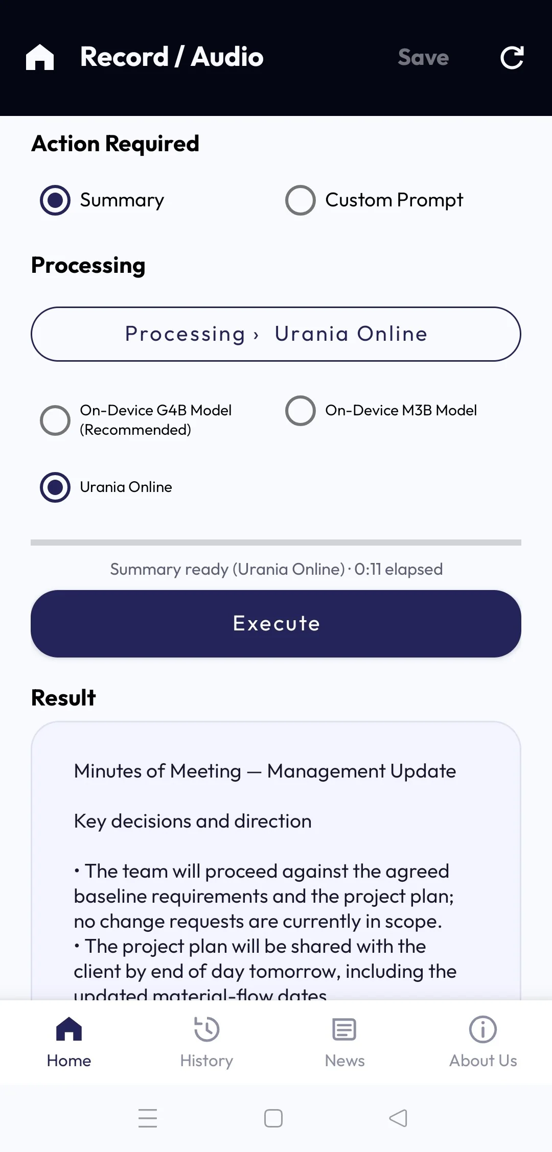 Record / Audio result with Urania Online selected and a completed meeting summary