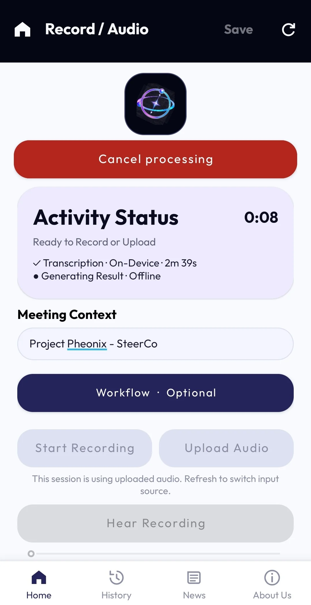 Urania showing processing in progress