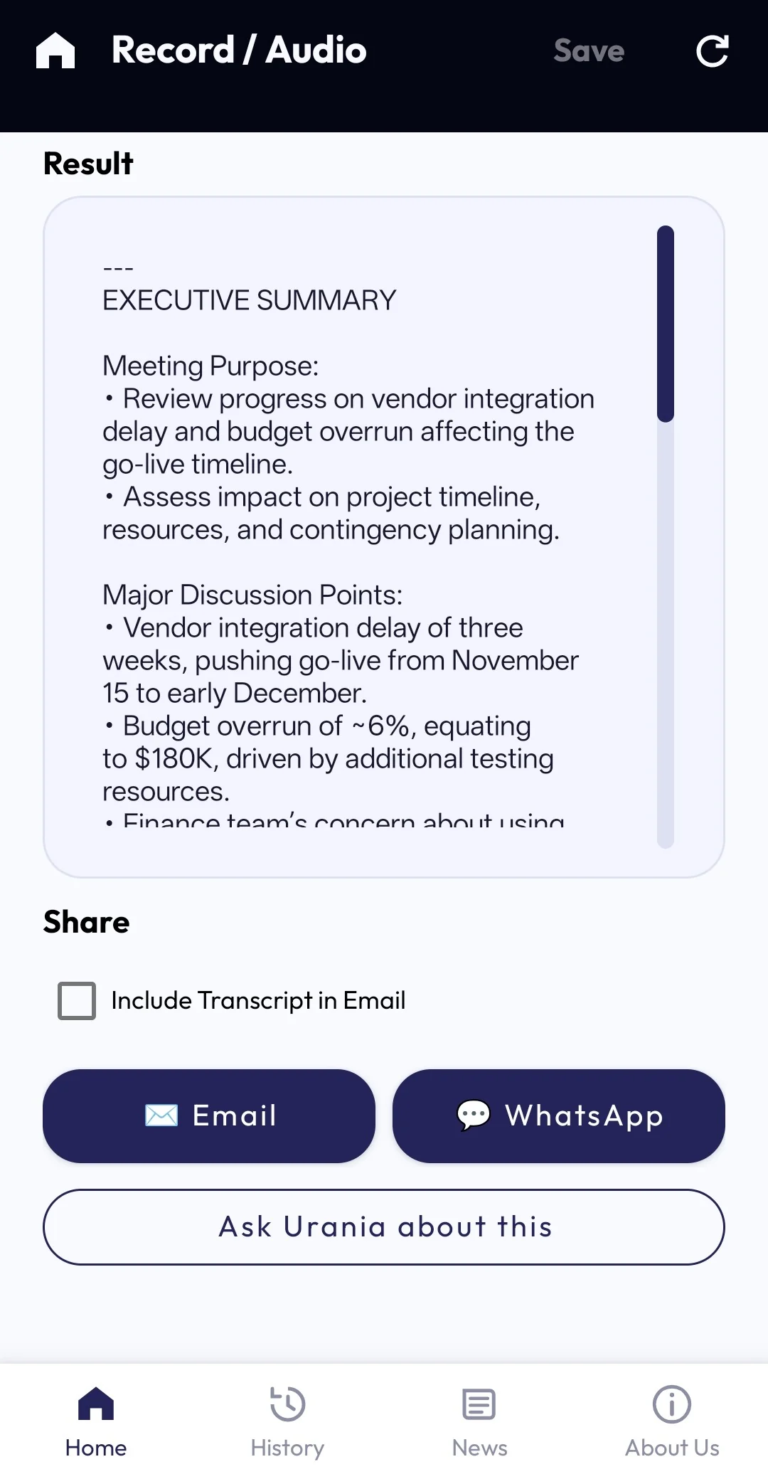 Urania result screen with an executive summary